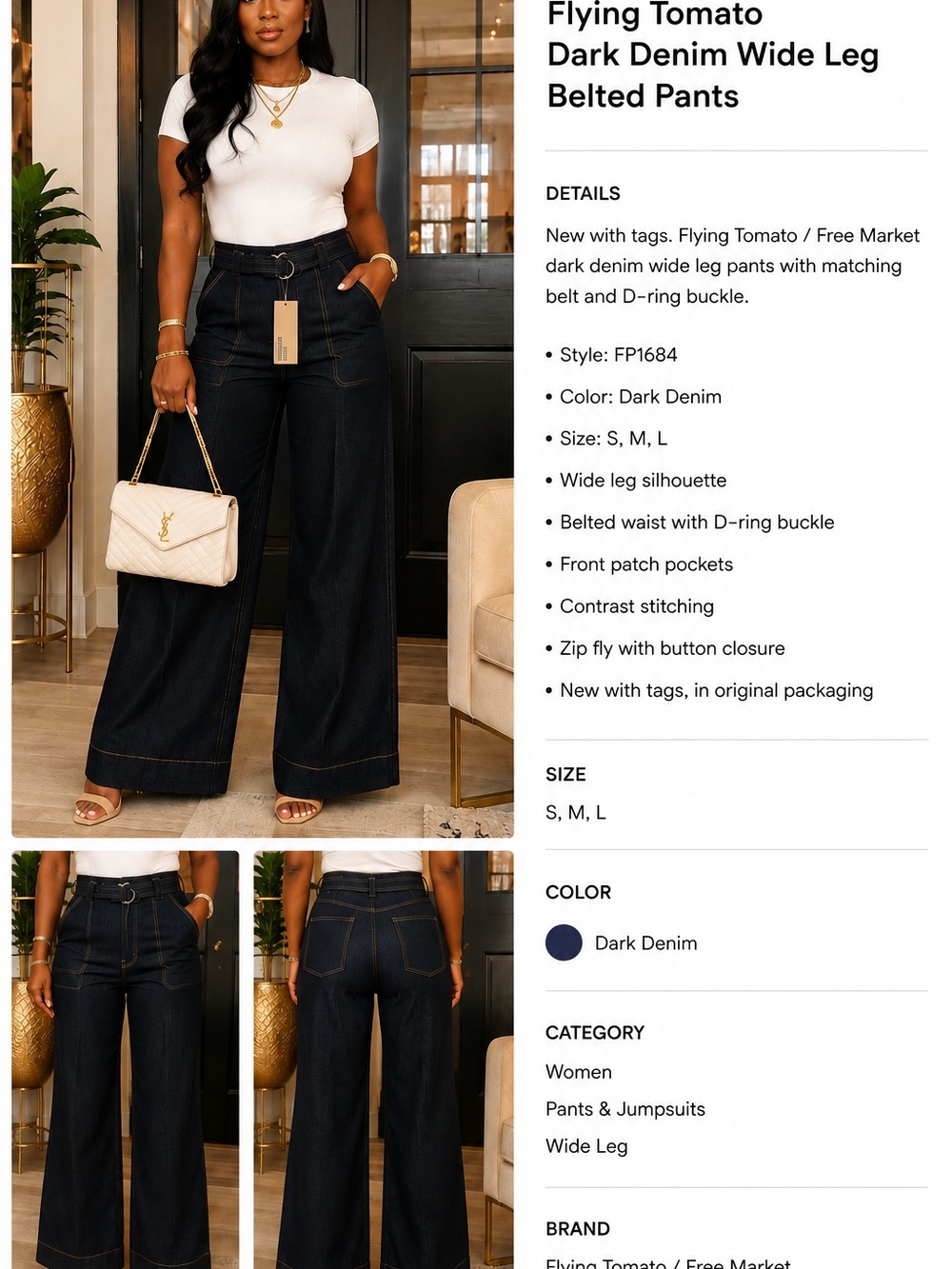 Flying Tomato Dark Denim Wide Leg Belted Jeans for Women